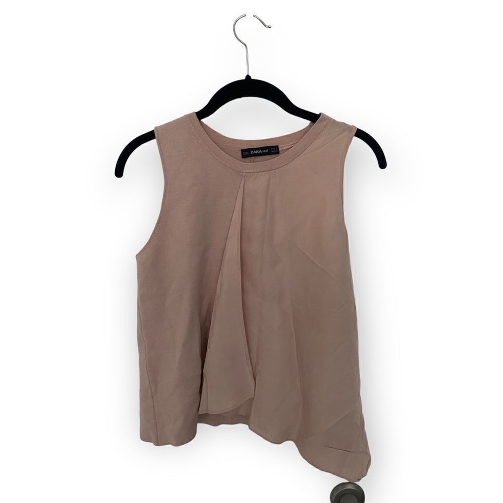 Zara Neutral Sleeveless Tank Top | Size S | Draped Front & Ruffle Detail